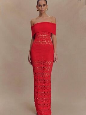 Meshki Solstice Off Shoulder Crochet Knit Maxi Dress - Blood Orange NWT Small